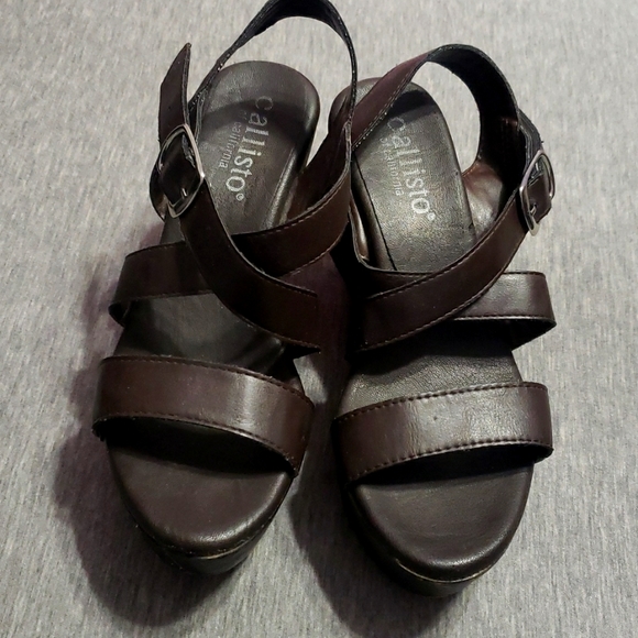 Y2K Early 2000's Callisto Strappy Chocolate Brown Faux Leather Wedge Heels - Picture 4 of 17